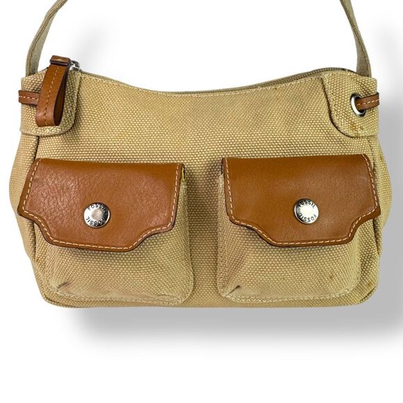 Fossil 1954 Vintage Y2K 90s Canvas Leather Crossbody Bag Front Flap Pockets - Picture 3 of 12